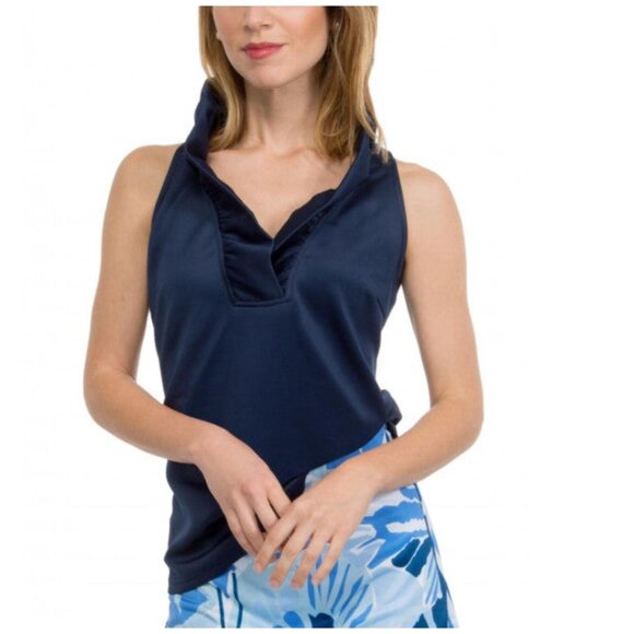 GRETCHEN SCOTT Sleeveless Jersey Ruffneck Ruffle Golf Top Navy Blue Size XS - Picture 1 of 5